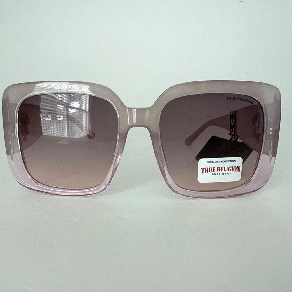 NEW TRUE RELIGION Oversized Square Sunglasses Clear Light Pink Acetate